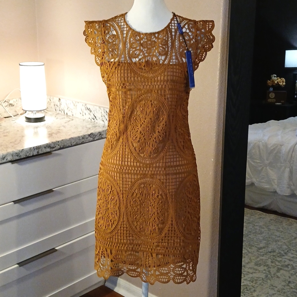 Elie Tahari Mustard Crochet Mini Dress